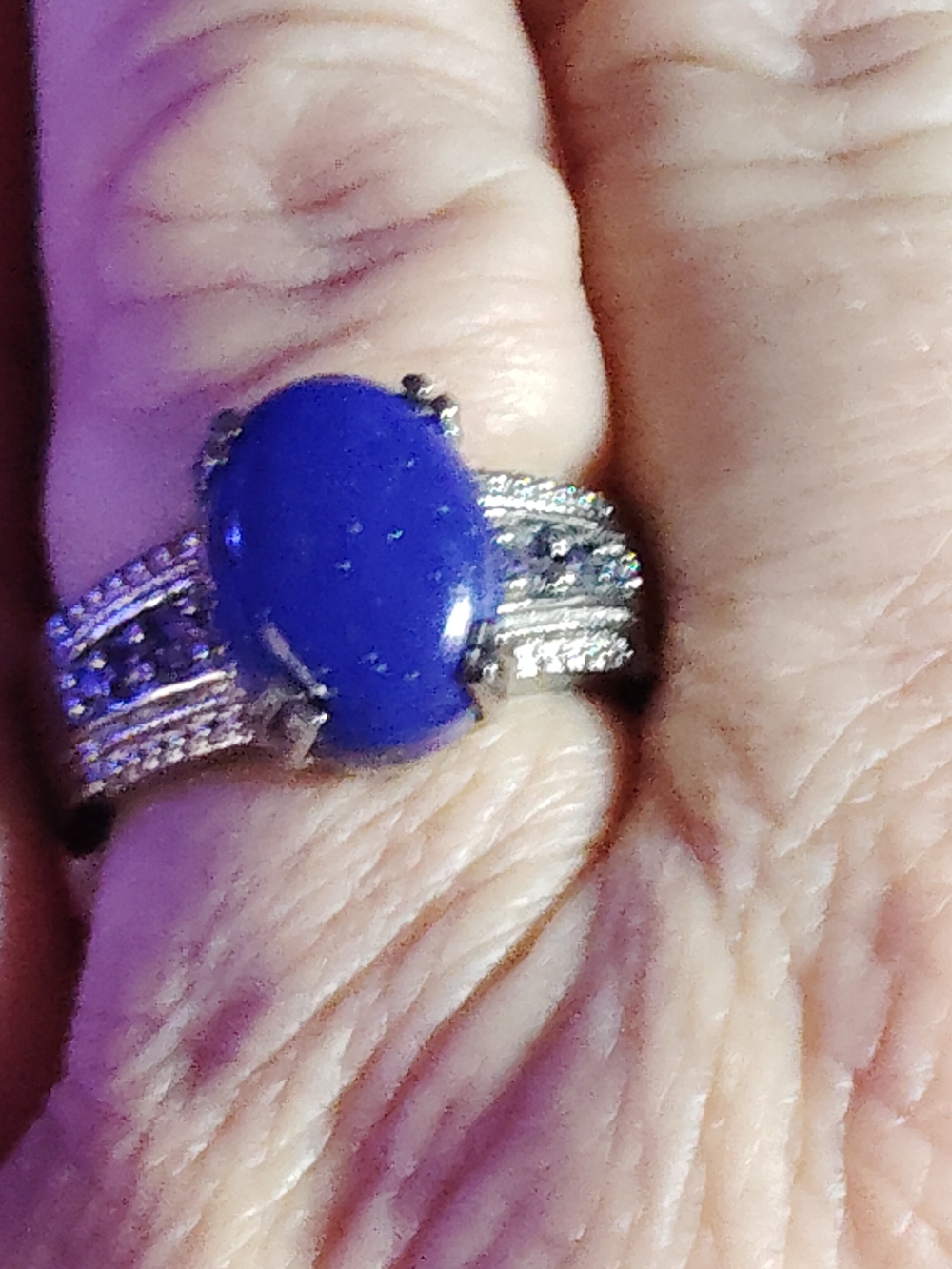LAPIS LAZULI AND CLUSTERS OF AMETHYST SILVER RING - SIZE 9